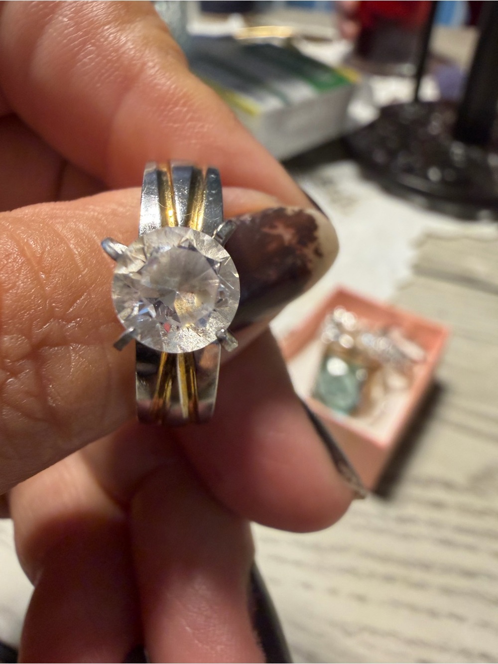 Two-Tone Silver and Gold Solitaire Ring with Clear Stone - Women Jewelry